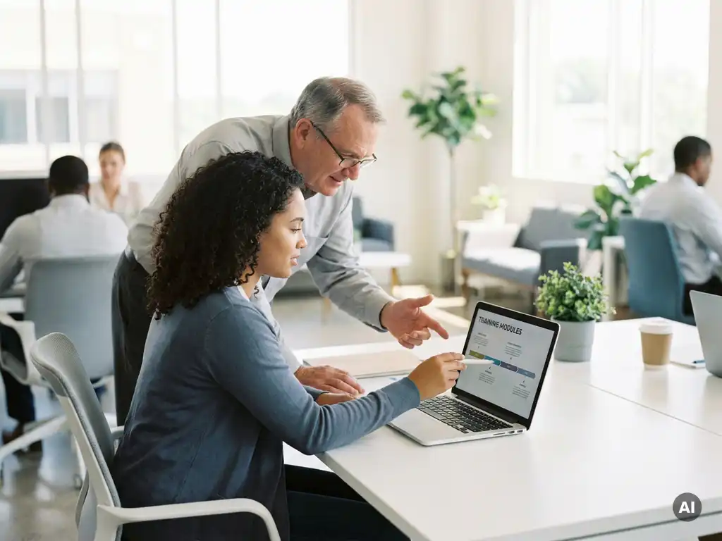 Junger Mitarbeiter im Steueramt prüft digitalen Trainingsplan am Laptop, erfahrener Kollege gibt Orientierung, modernes helles Büro.