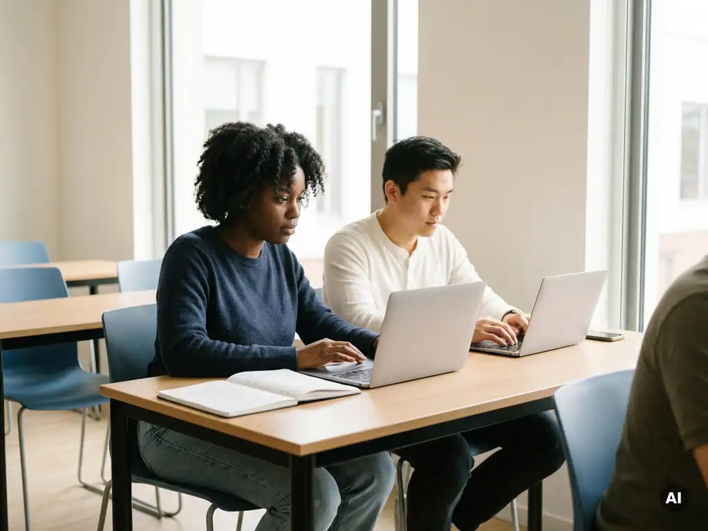 Zwei Berufsschüler arbeiten konzentriert an Laptops in einem modernen, lichtdurchfluteten Klassenzimmer mit offenem Notizbuch.