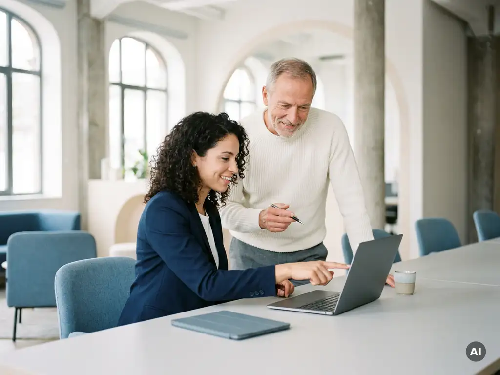 Junge Frau und älterer Mann arbeiten gemeinsam an einem Laptop in einem modernen, hellen Büro.
