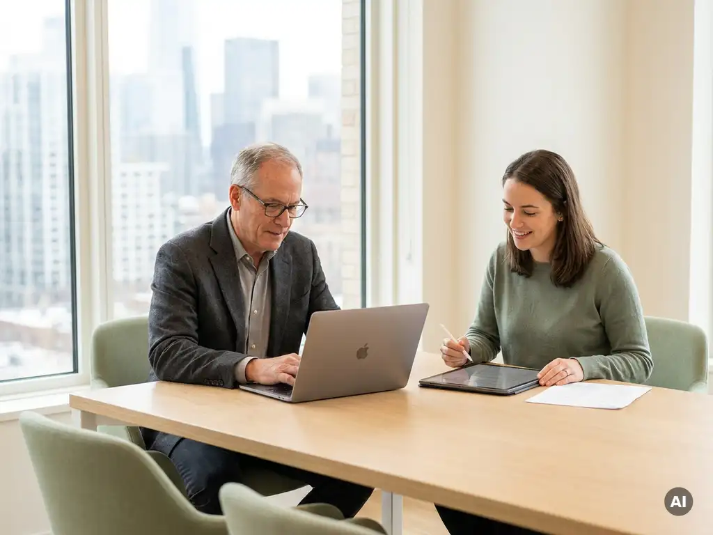 Zwei Fachleute arbeiten in einem papierlosen Büro – eine Person am Laptop, eine andere mit digitalem Tablet.