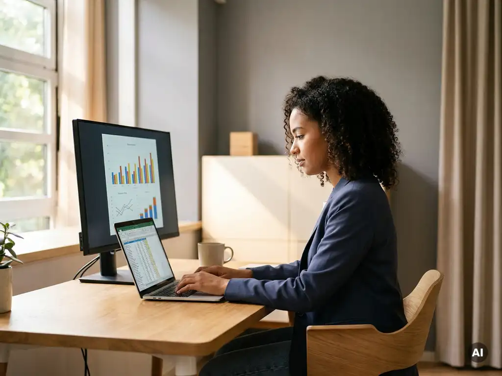 Junge Fachkraft am modernen Schreibtisch analysiert Finanzdokumente auf Laptop mit Diagrammen auf zweitem Monitor.