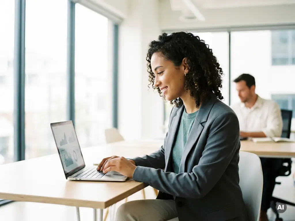 Junge Fachkraft in Business-Casual analysiert Finanzdaten auf Laptop im modernen Büro mit Panoramafenstern und Tageslicht.
