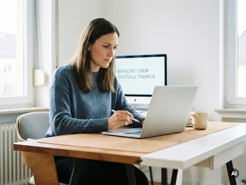 Berufstätige Person am modernen Schreibtisch mit Laptop und zweitem Monitor mit deutschem Text, natürliches Fensterlicht.