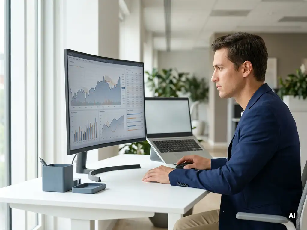 Fachkraft analysiert Finanzdashboard auf großem Monitor am modernen, aufgeräumten Schreibtisch im natürlichen Tageslicht.