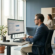 Fachkraft analysiert Finanzdaten auf großem Monitor an modernem Schreibtisch, Kollege im Hintergrund, natürliches Licht.