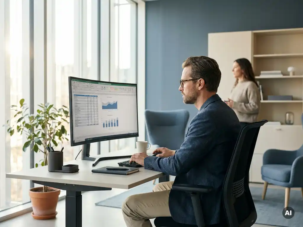 Fachkraft analysiert Finanzdaten auf großem Monitor an modernem Schreibtisch, Kollege im Hintergrund, natürliches Licht.