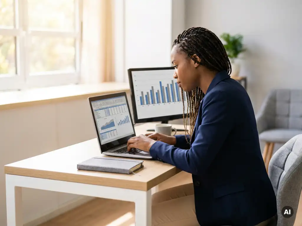Junge Fachkraft analysiert Finanzdaten auf Laptop und Monitor am modernen Schreibtisch mit natürlichem Licht.