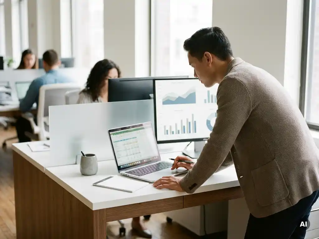 Fachkraft analysiert Finanzdaten auf Laptop im modernen Büro, zweiter Monitor mit Diagrammen, natürliches Licht.