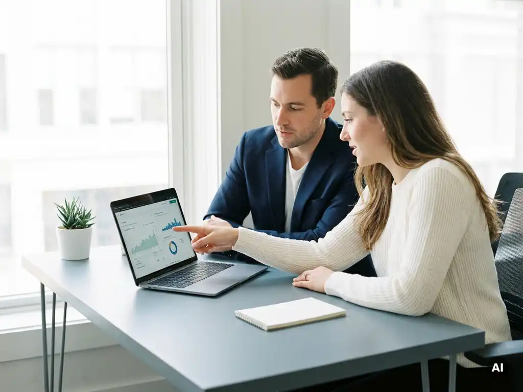 Zwei Fachleute analysieren Finanzdaten auf einem Laptop, einer zeigt auf den Bildschirm, moderner Schreibtisch mit Tageslicht.
