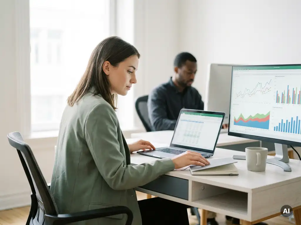 Junger Berufstätiger analysiert Finanzdaten auf Laptop mit Diagrammen auf zweitem Monitor in modernem, hellen Büro.