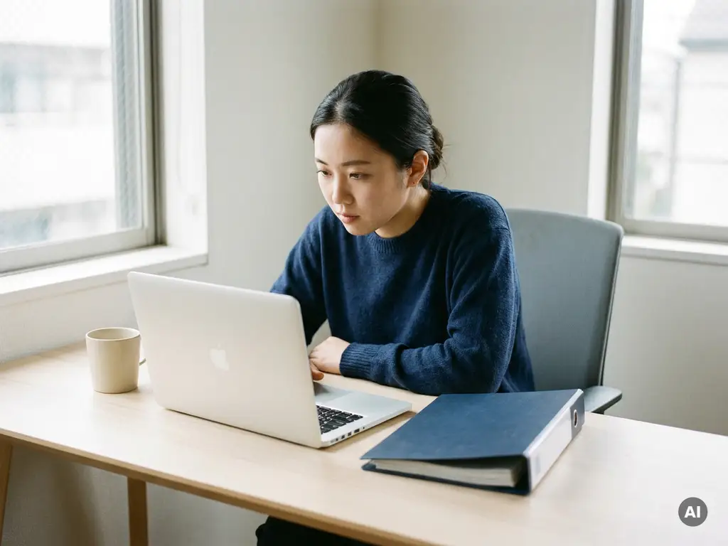 Junge Frau arbeitet konzentriert am Laptop an einem aufgeräumten Schreibtisch mit einem Ordner im Tageslicht.