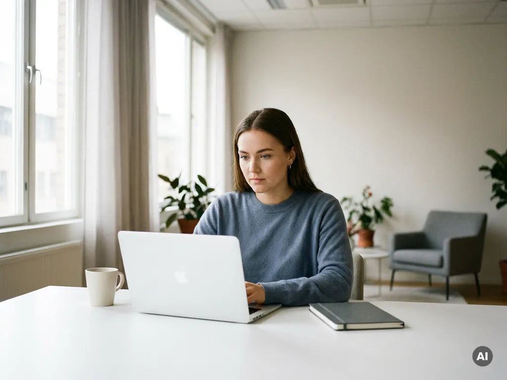 Junge Frau arbeitet konzentriert am Laptop an einem aufgeräumten modernen Schreibtisch im hellen Büro mit Tageslicht.