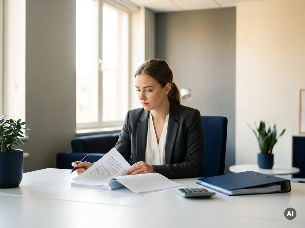 Junge Frau am modernen Büroschreibtisch prüft mehrseitiges Dokument mit Stift, Ordner und Taschenrechner im Hintergrund.