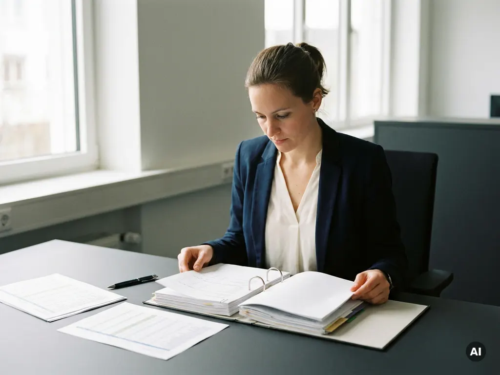 Frau analysiert Finanzordner am modernen Büroschreibtisch mit Tabellenausdrucken im natürlichen Tageslicht.