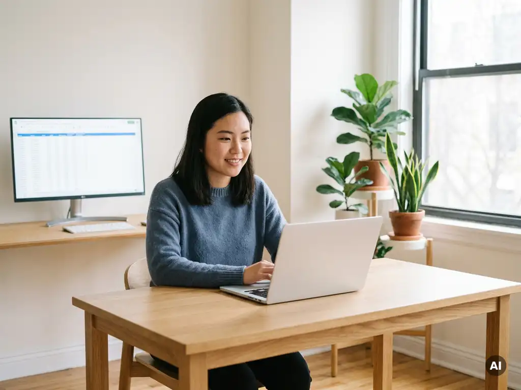Junge Frau asiatischer Herkunft arbeitet konzentriert an modernem Schreibtisch mit Laptop und Monitor mit Tabellendaten, natürliches Seitenlicht.