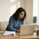 Junge Frau südostasiatischer Herkunft arbeitet am Laptop in einem minimalistischen Büro mit natürlichem Tageslicht.