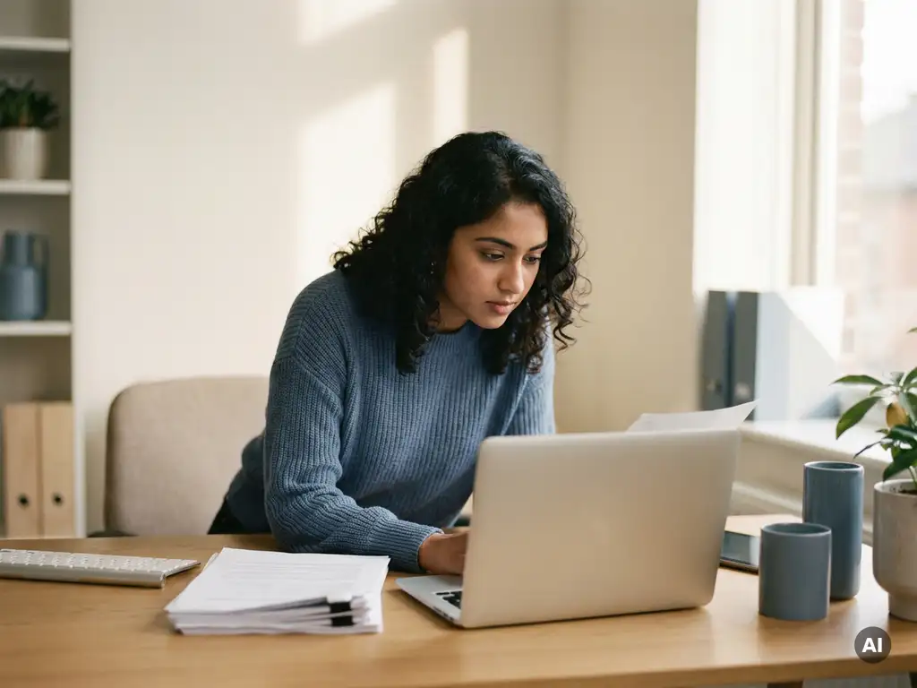 Junge Frau südostasiatischer Herkunft arbeitet am Laptop in einem minimalistischen Büro mit natürlichem Tageslicht.