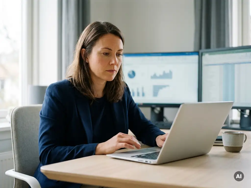 Frau analysiert Finanzdaten auf Laptop an modernem Schreibtisch mit Diagrammen auf Monitoren im Hintergrund, natürliches Seitenlicht.