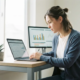 Junge Frau analysiert Finanzdaten auf einem Laptop am modernen Schreibtisch mit Diagrammen auf zweitem Monitor und kleiner Sukkulente.