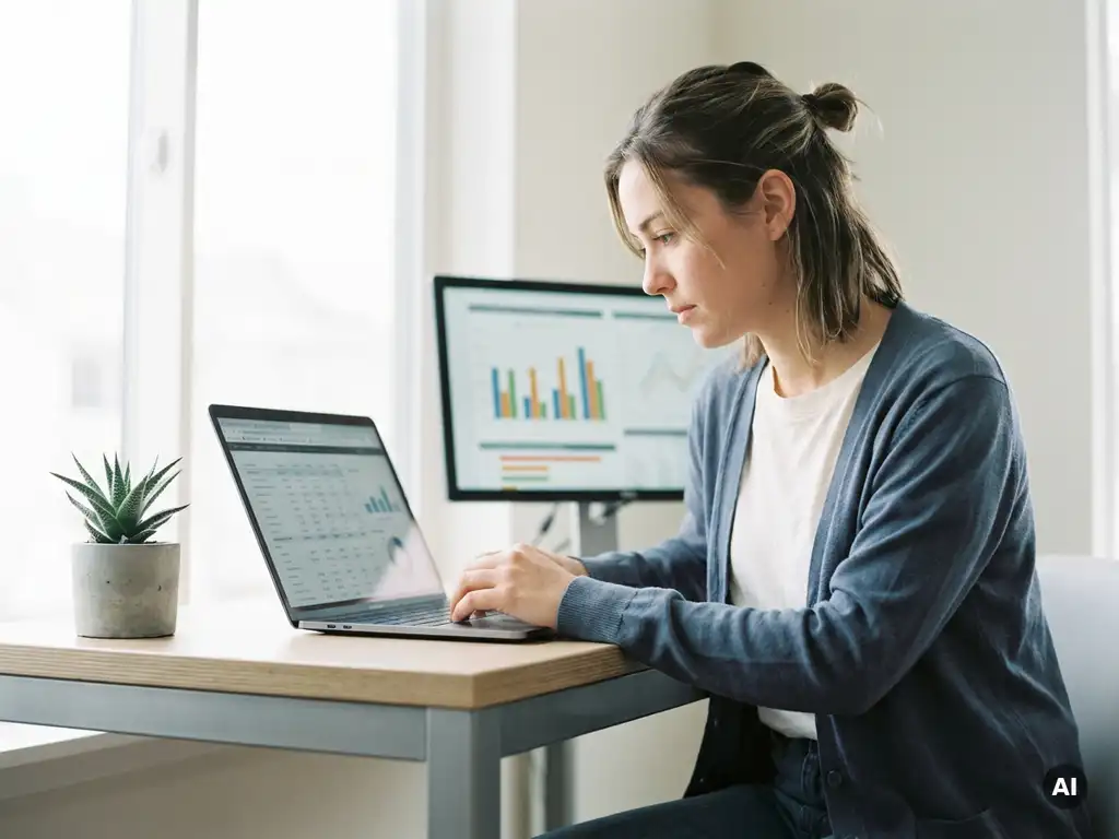 Junge Frau analysiert Finanzdaten auf einem Laptop am modernen Schreibtisch mit Diagrammen auf zweitem Monitor und kleiner Sukkulente.