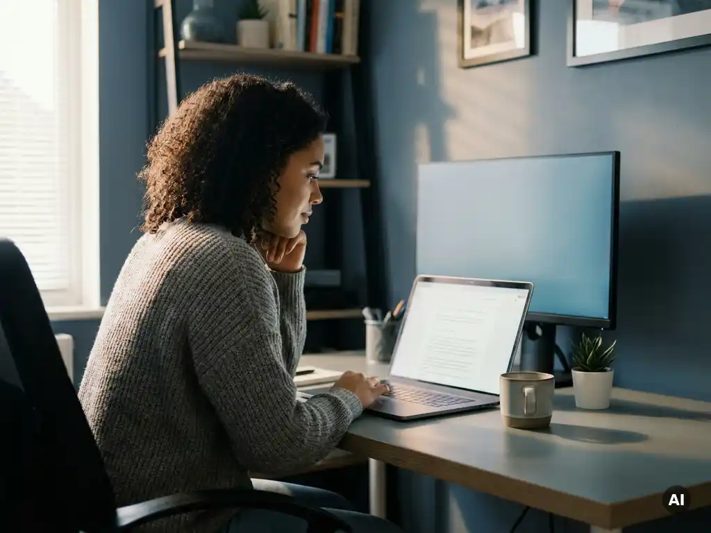 Junge Frau arbeitet konzentriert am Laptop in einem aufgeräumten, modernen Büro mit warmem Tageslicht und minimalem Schreibtisch.