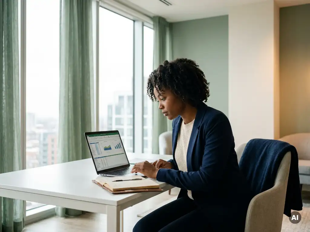 Junge Frau studiert Finanzdaten auf einem Laptop an einem modernen Schreibtisch in einem hellen Büro mit Panoramafenstern.