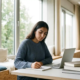 Junge Frau mit Nahost-Hintergrund lernt konzentriert am modernen Schreibtisch mit Laptop und Fachbüchern in hellem Büro.