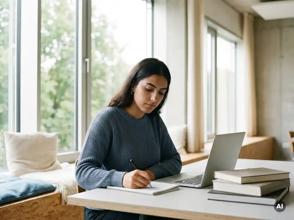 Junge Frau mit Nahost-Hintergrund lernt konzentriert am modernen Schreibtisch mit Laptop und Fachbüchern in hellem Büro.