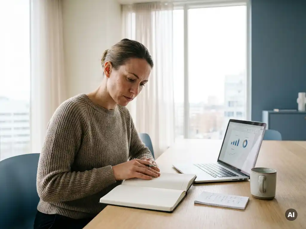Frau Anfang 30 studiert konzentriert am modernen Schreibtisch mit Laptop und Notizbuch, helles Büro mit großen Fenstern.