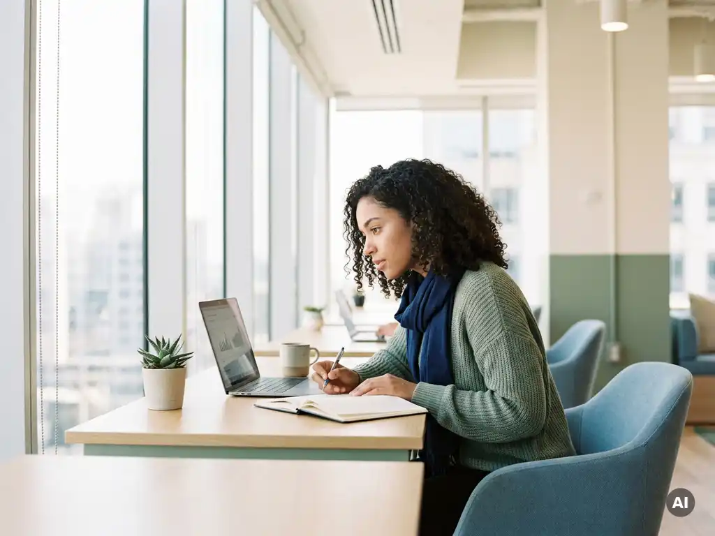 Junge Frau lernt konzentriert am modernen Schreibtisch mit Laptop und Notizbuch, helles Büro mit Panoramafenstern und natürlichem Tageslicht.