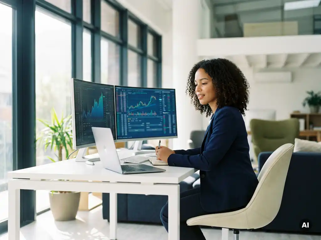 Junge Frau studiert Finanzdashboards auf zwei Monitoren an einem modernen, hellen Schreibtisch mit großen Fenstern.