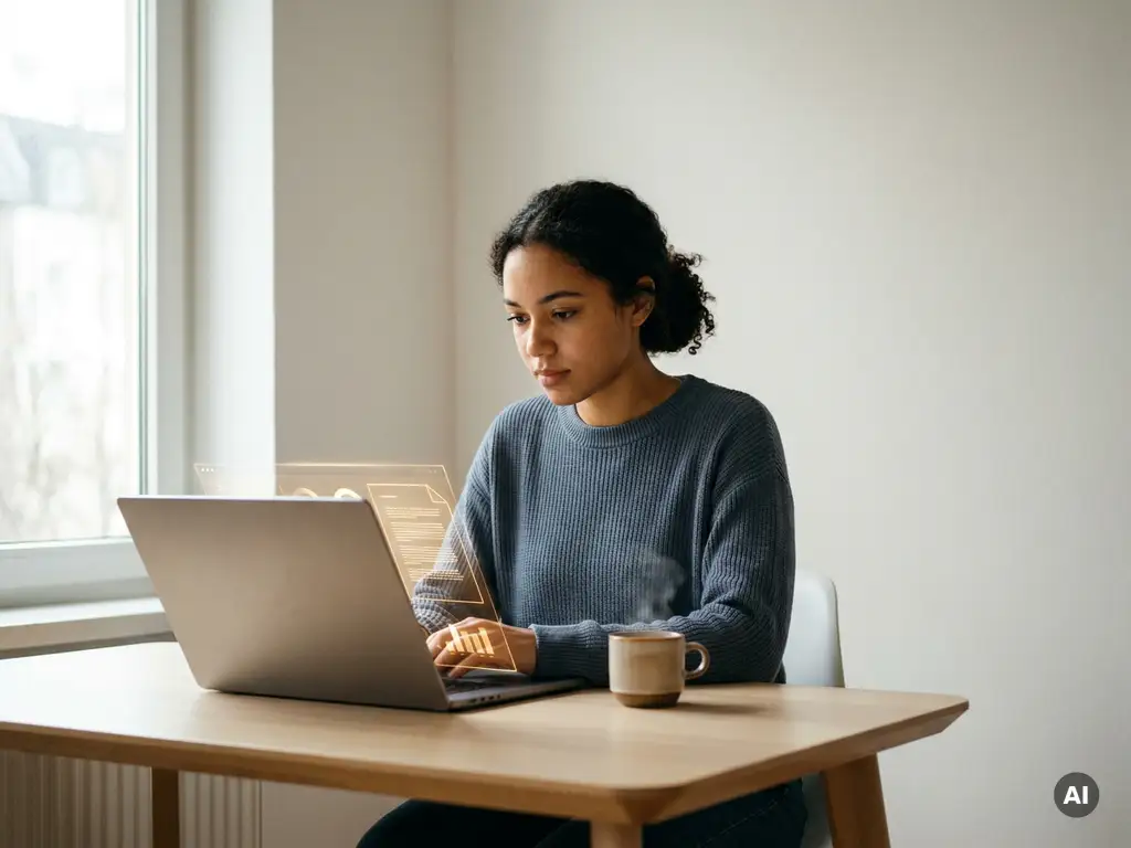 Junge Frau mit mittlerem Fokus studiert am modernen Schreibtisch mit Laptop und dampfendem Kaffee im natürlichen Seitenlicht.