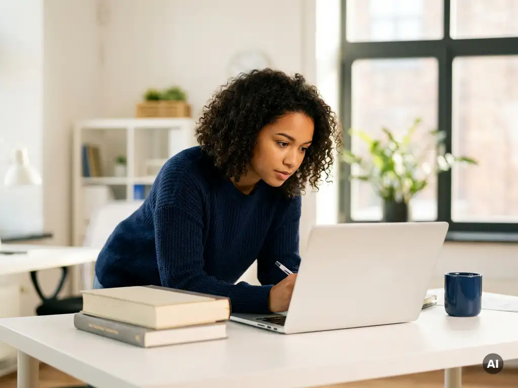 Junge Frau studiert konzentriert am modernen Schreibtisch mit Laptop und Büchern im hellen Büro.