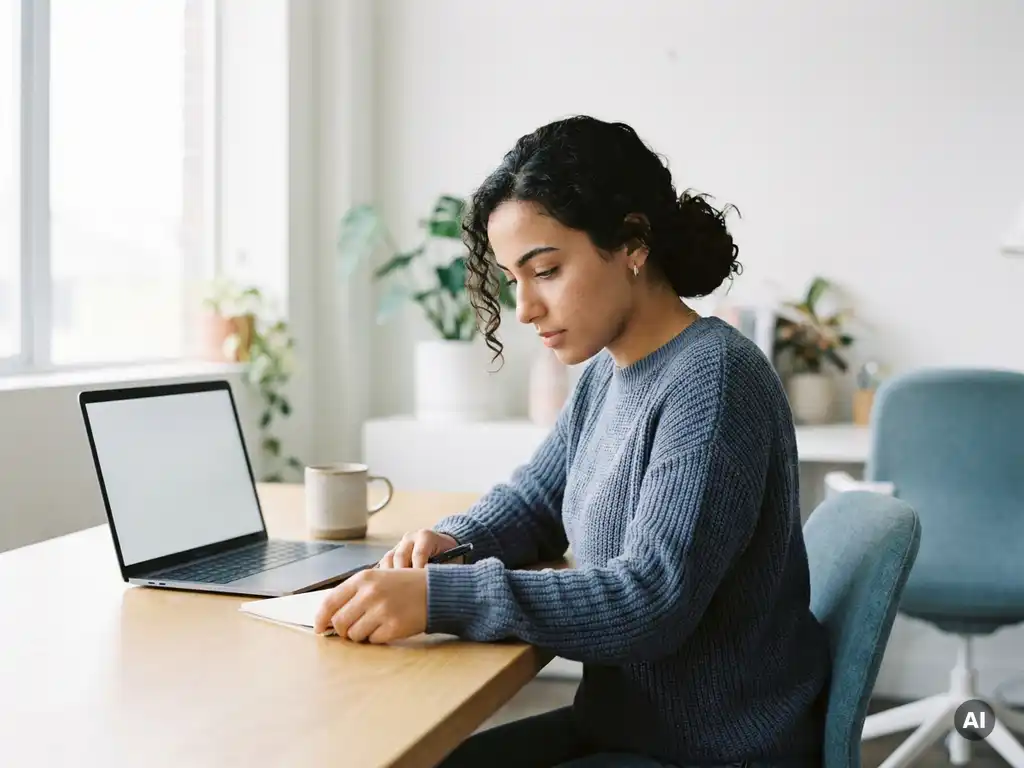 Junge Frau mit nahöstlichem Hintergrund lernt konzentriert am modernen Schreibtisch mit Laptop und Notizbuch bei natürlichem Tageslicht.