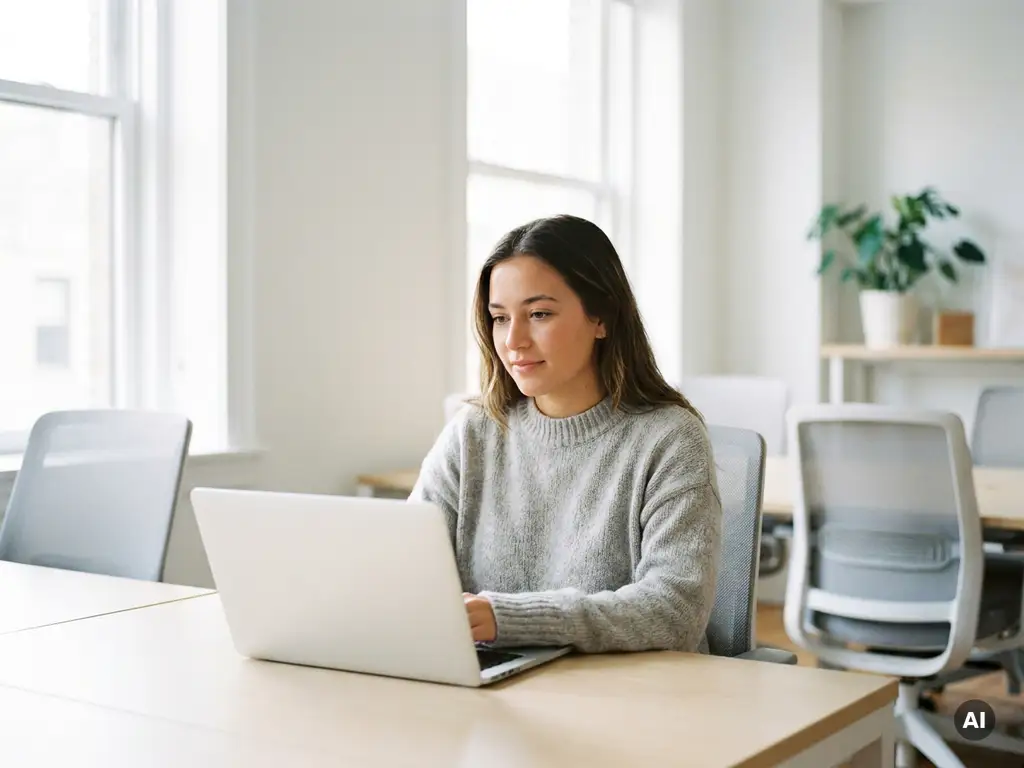 Junge Frau arbeitet konzentriert am Laptop in einem hellen, modernen Büro mit natürlichem Tageslicht.