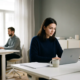 Junge Fachkraft am modernen Schreibtisch mit Laptop und Dokumenten, Kollegin im Hintergrund, helles Büro mit Tageslicht.