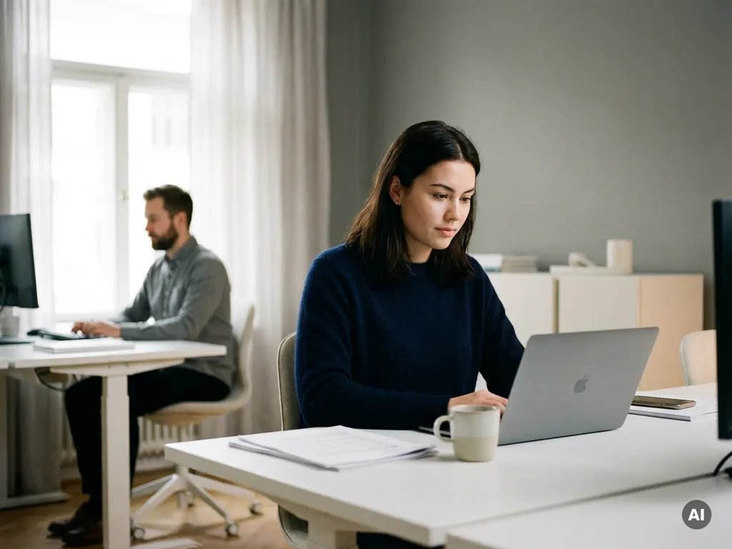 Junge Fachkraft am modernen Schreibtisch mit Laptop und Dokumenten, Kollegin im Hintergrund, helles Büro mit Tageslicht.
