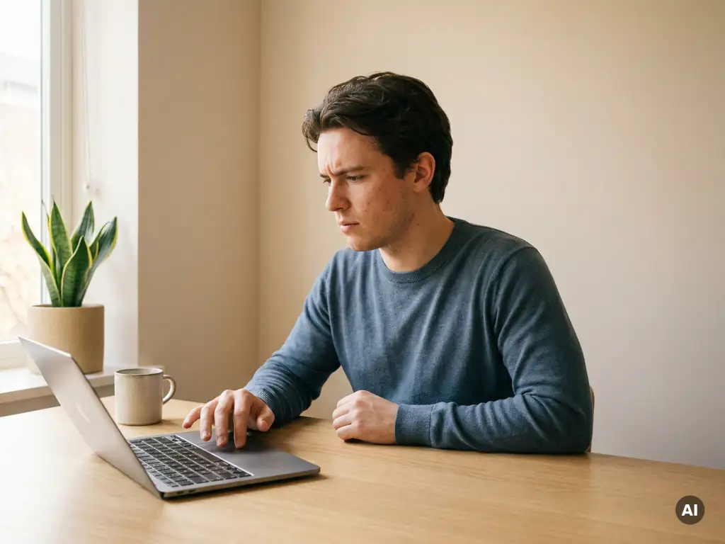 Junger Berufstätiger zögert nachdenklich vor offenem Laptop an modernem, aufgeräumtem Schreibtisch im minimalistischen Büro.