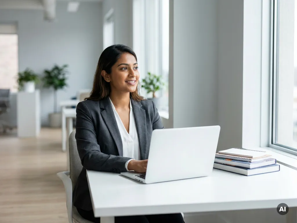Junge Fachkraft arbeitet fokussiert am Laptop in modernem, hellem Büro mit minimalistischem Arbeitsplatz.