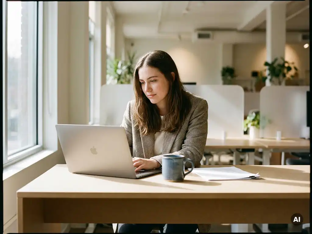 Junger Berufstätiger am modernen Schreibtisch mit Laptop und Kaffeetasse im hellen Büro.