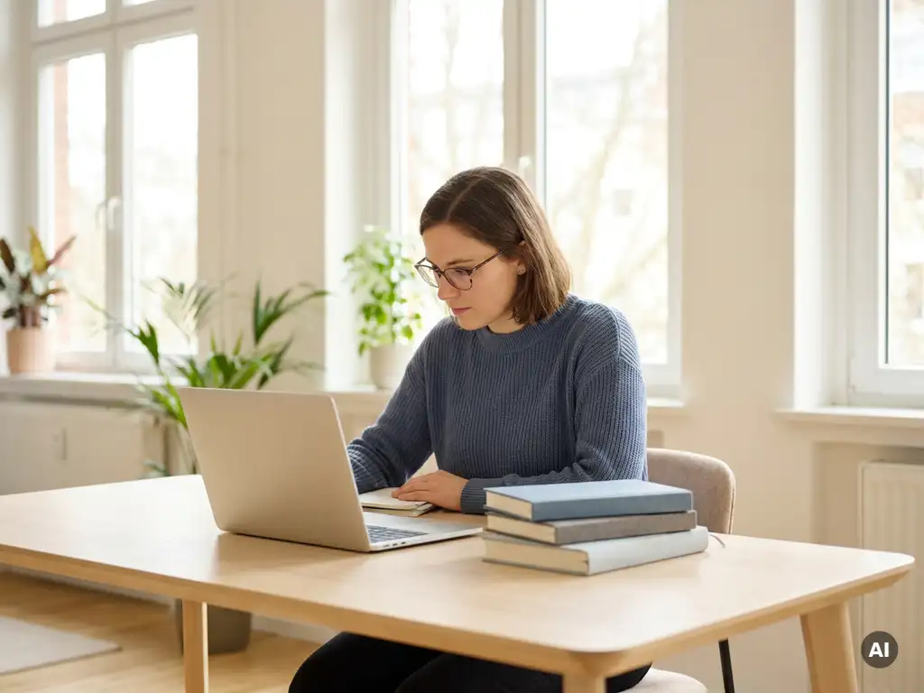 Junge Fachkraft lernt am modernen Schreibtisch mit Laptop und Büchern in hellem deutschem Büro mit Tageslicht.