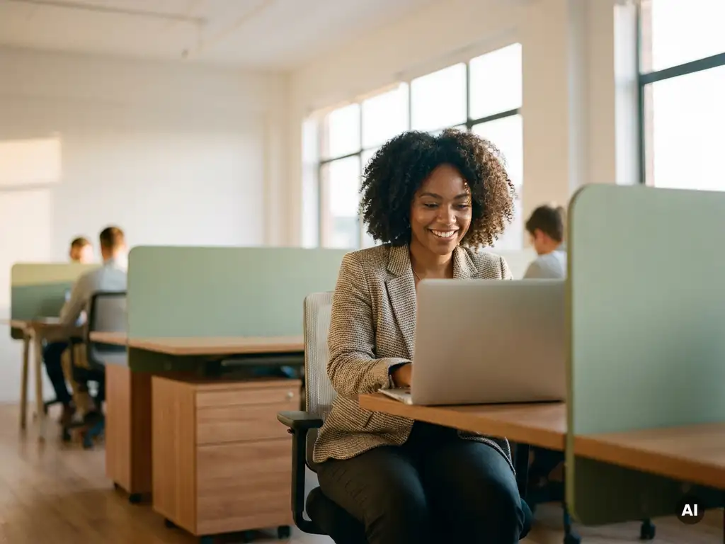 Junge Fachkraft lächelt zuversichtlich am Laptop in einem modernen Steuerbüro mit natürlichem Licht und Kollegen im Hintergrund.