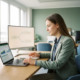 Junge Berufstätige am modernen Schreibtisch mit Laptop und Finanzdiagrammen beim Vergleich von Karrierewegen im deutschen Büro.