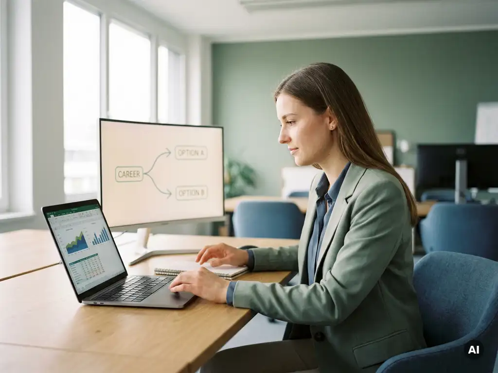 Junge Berufstätige am modernen Schreibtisch mit Laptop und Finanzdiagrammen beim Vergleich von Karrierewegen im deutschen Büro.