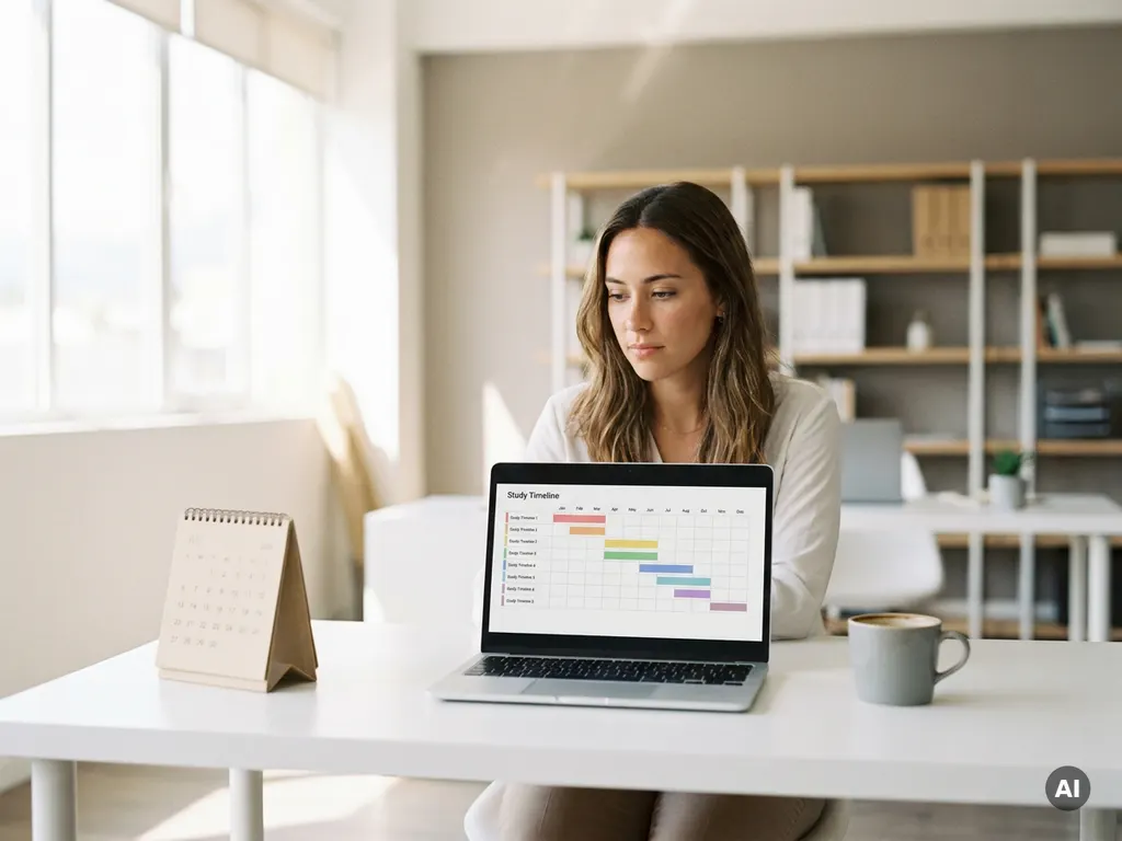 Junge Fachkraft am modernen Schreibtisch mit Laptop, Kalender und Kaffeetasse beim Planen eines Lernzeitplans.