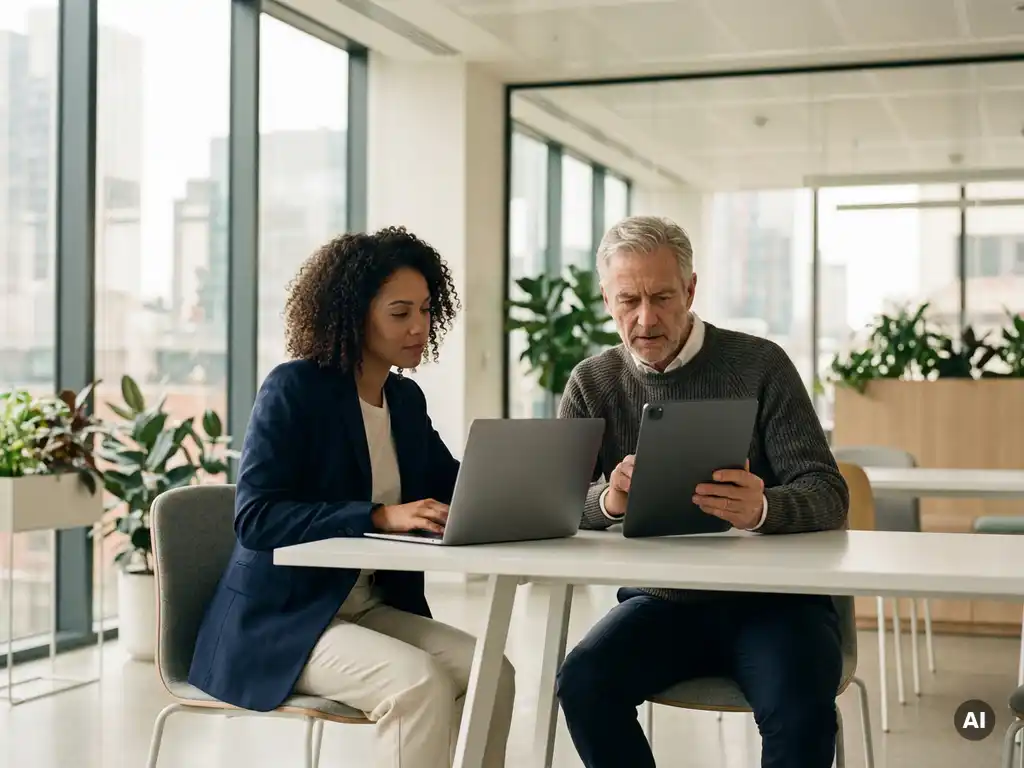Zwei Fachkräfte arbeiten in einem papierlosen Büro zusammen – eine Person am Laptop, die andere mit einem digitalen Tablet.