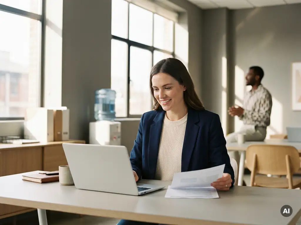 Berufstätige Person in Business-Casual-Kleidung prüft Dokumente am Laptop in modernem Büro mit natürlichem Tageslicht.