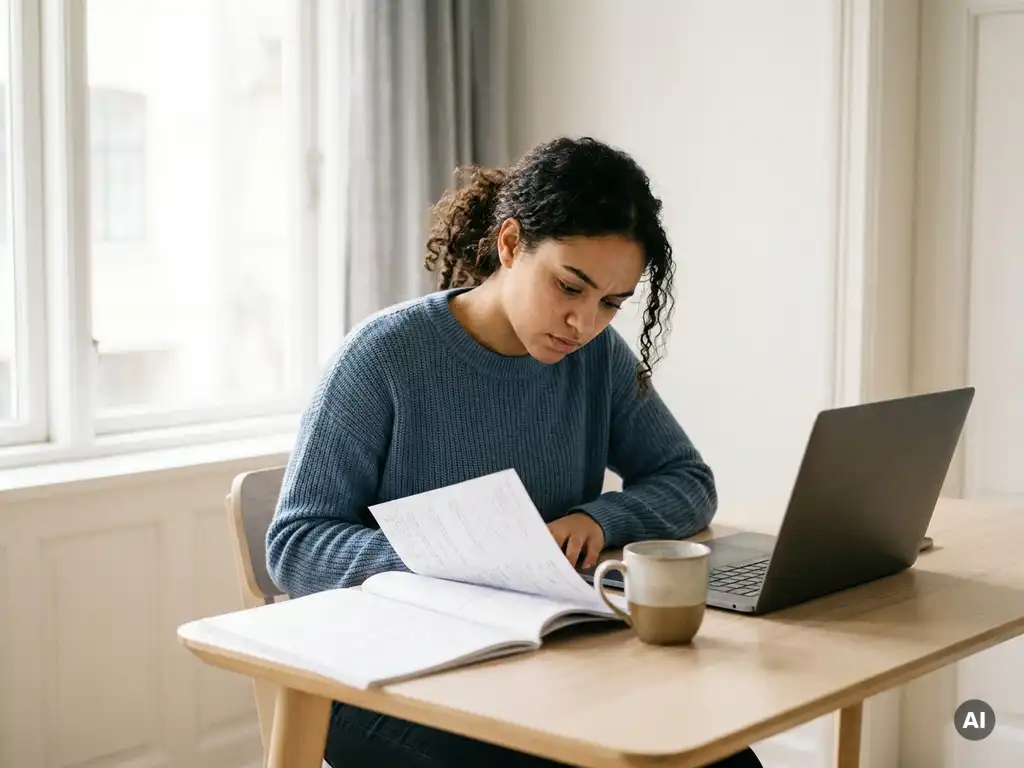 Junge Frau lernt konzentriert am modernen Schreibtisch mit Laptop, Lernunterlagen und Kaffee im natürlichen Tageslicht.
