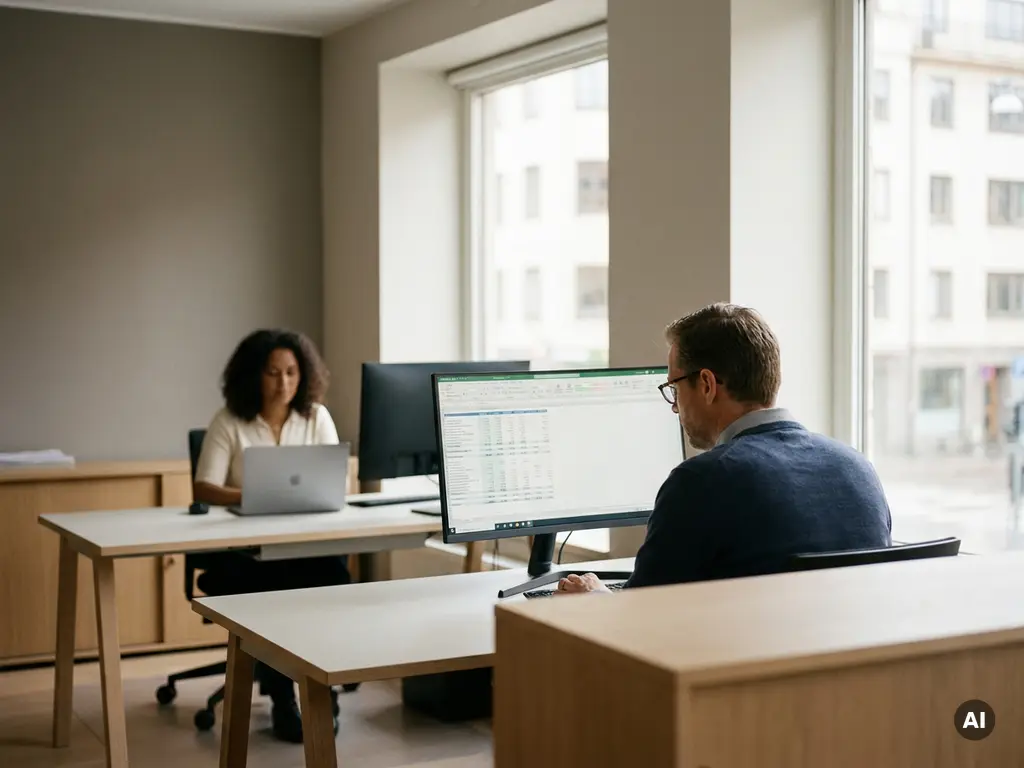 Steuerberater analysiert Finanzdaten auf großem Monitor in modernem Büro, Kollegin arbeitet im Hintergrund am Laptop.