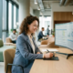 Steuerberater am modernen Schreibtisch analysiert Finanzdaten auf großem Monitor in hellem Büro mit Fensterfronten.